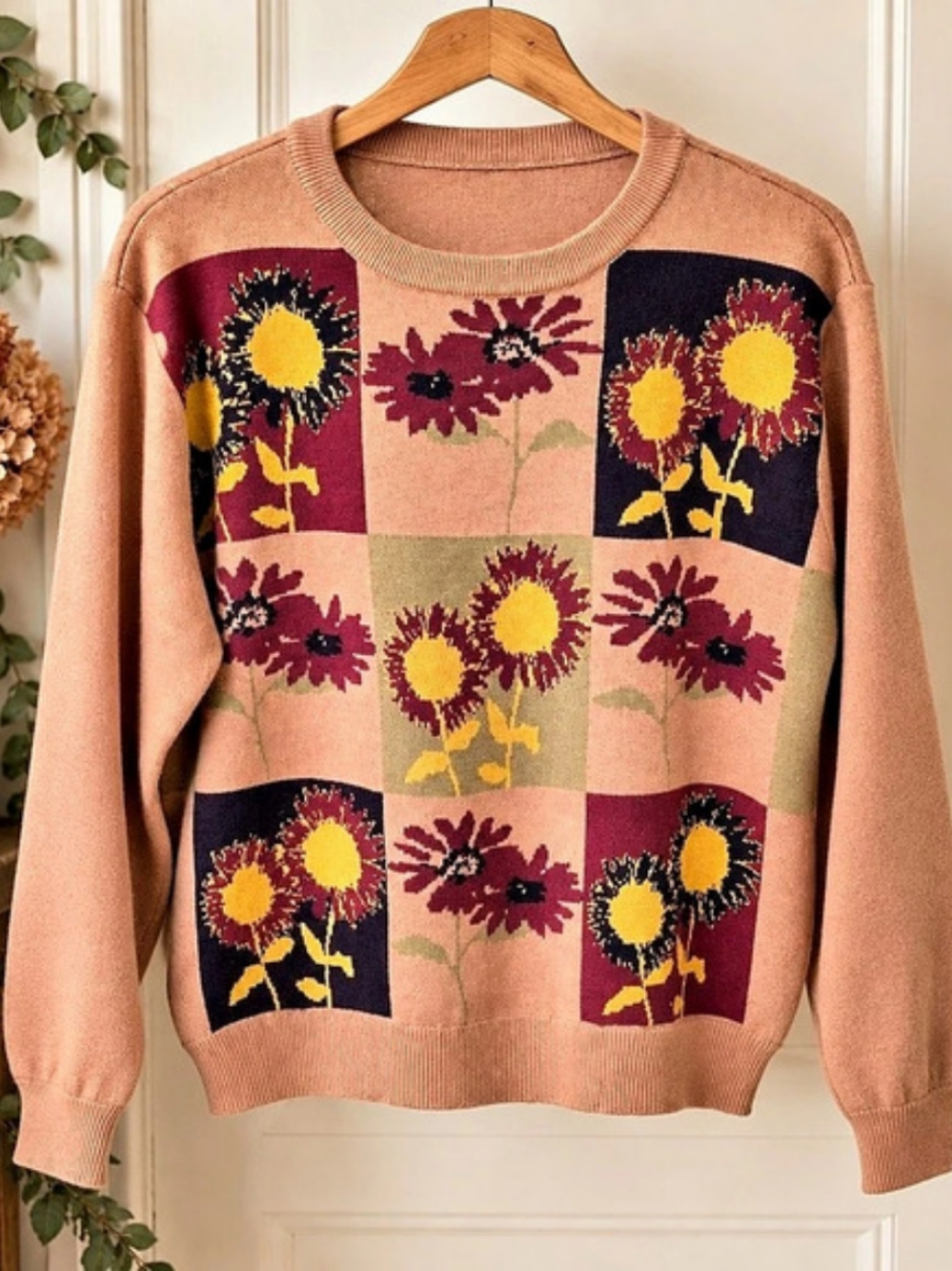 ROMWE Floral Patchwork Knit Sweater Large Cottagecore Retro Daisy